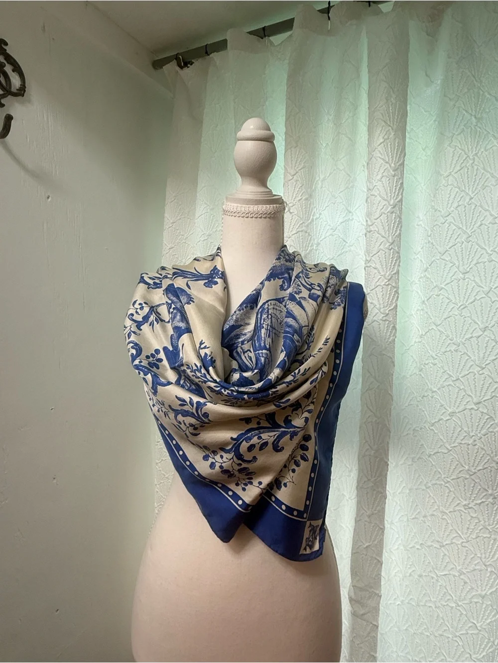 Blue and Cream Floral Silk-Feel Scarf Wrap